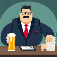 Fat lawyer guy sits at the table and drinks beer