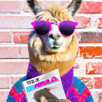 Ultra realistic photo of a hipster alpaca posing with sunglasses and a magazine, colorful, sharp focus, beautiful fur coat, smooth coat, detailed fur texture, tongue out smiling, magazine cover photoshoot, leaning against a brick wall, magazine says 