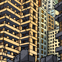 Плоский Стиль 2D анимации. изображение последствий войны в городе: разрушенные дома, больницы. Нужно передать атмосферу хаоса 16х9