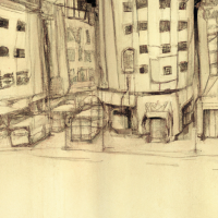 Плоский Стиль 2D анимации, стиль карандаш, изображение последствий войны в городе: разрушенные дома, больницы. Нужно передать атмосферу хаоса.