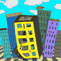 Плоский Стиль 2D анимации, стиль карандаш, изображение последствий войны в городе: разрушенные дома, больницы. пустая дорога, Нужно передать атмосферу хаоса. формат 16х9