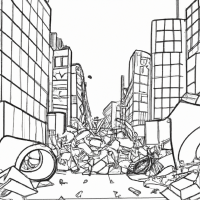 Плоский Стиль 2D анимации, стиль карандаш, изображение последствий войны в городе: разрушенные дома, больницы. пустая дорога, Нужно передать атмосферу хаоса.